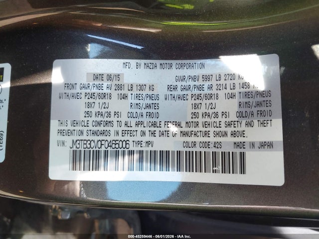 2015 Mazda Cx-9 Touring მანქანა იყიდება აუქციონზე, vin: JM3TB3CV0F0465006, აუქციონის ნომერი: 45259446