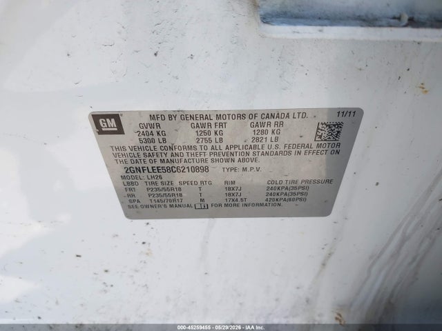 Aukcja sprzedaży 2012 Chevrolet Equinox 1lt, vin: 2GNFLEE58C6210898, numer aukcji: 45259455