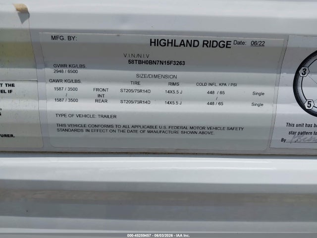 2022 Highland Ridge Open Range Series M- მანქანა იყიდება აუქციონზე, vin: 58TBH0BN7N15F3263, აუქციონის ნომერი: 45259457
