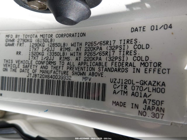 Продажа на аукционе авто 2004 Lexus Gx 470, vin: JTJBT20X640039932, номер лота: 45259468