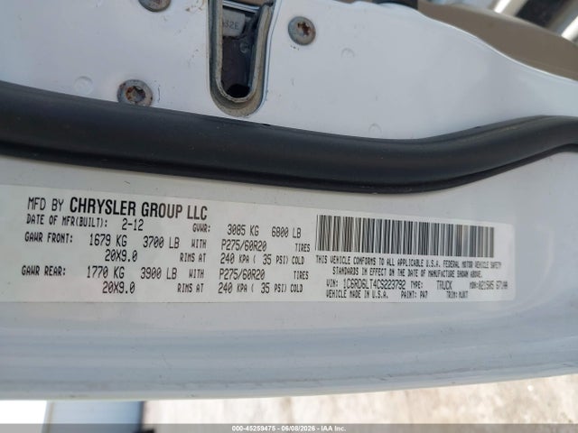 45259475 :رقم المزاد ، 1C6RD6LT4CS223792 vin ، 2012 Ram 1500 Slt مزاد بيع