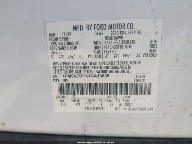 45259478 :رقم المزاد ، 1FM5K7DH6JGA13638 vin ، 2018 Ford Explorer Xlt مزاد بيع