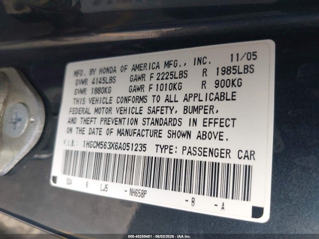 Aukcja sprzedaży 2006 Honda Accord 2.4 Se, vin: 1HGCM563X6A051235, numer aukcji: 45259481