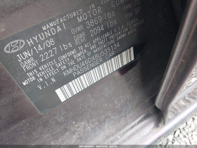 45259482 :رقم المزاد ، KMHDU46DX8U535134 vin ، 2008 Hyundai Elantra Gls/se مزاد بيع