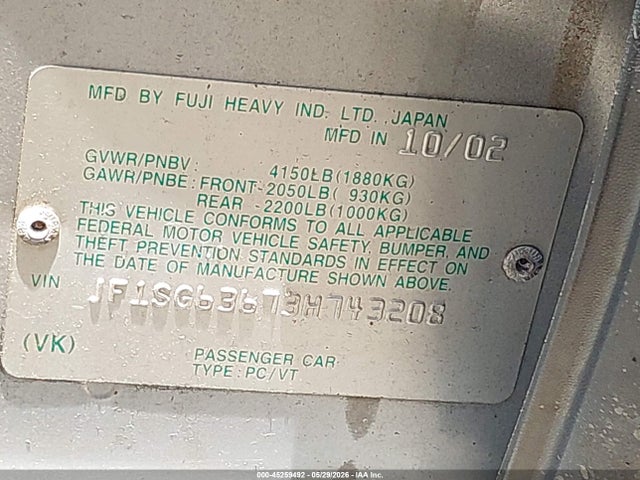 45259492 :رقم المزاد ، JF1SG63673H743208 vin ، 2003 Subaru Forester X مزاد بيع