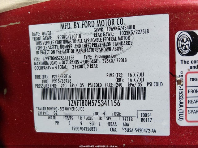 Продаж на аукціоні авто 2007 Ford Mustang V6 Deluxe/v6 Premium, vin: 1ZVFT80N575341156, номер лоту: 45259507