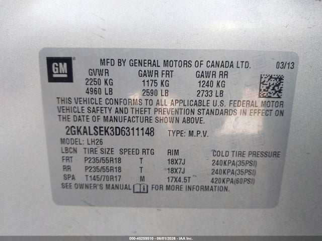 45259510 :رقم المزاد ، 2GKALSEK3D6311148 vin ، 2013 Gmc Terrain Sle-2 مزاد بيع