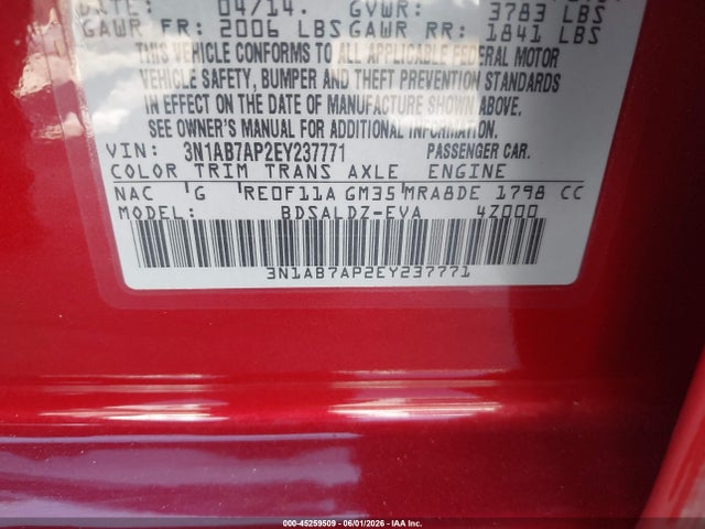 3N1AB7AP2EY237771 Nissan Sentra Fe+ S/fe+ Sv/s/sl/sr/sv