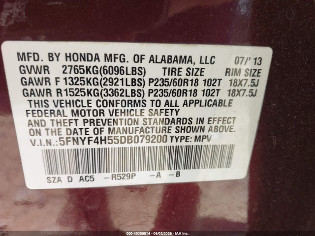 Продажа на аукционе авто 2013 Honda Pilot Ex-l, vin: 5FNYF4H55DB079200, номер лота: 45259514