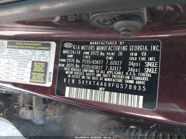 2015 Kia Sorento Lx მანქანა იყიდება აუქციონზე, vin: 5XYKT4A69FG578935, აუქციონის ნომერი: 45259515