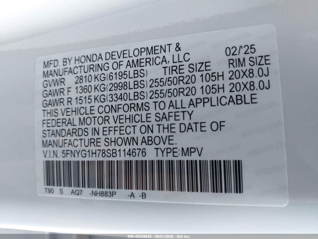 2025 Honda Pilot Touring მანქანა იყიდება აუქციონზე, vin: 5FNYG1H78SB114676, აუქციონის ნომერი: 45259520