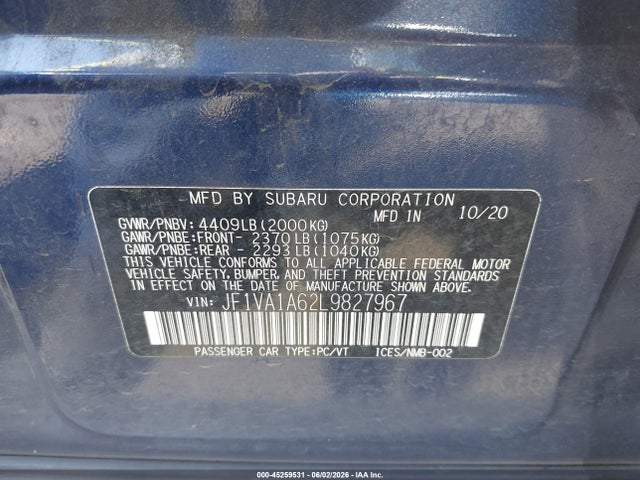Subaru WRX 2020 JF1VA1A62L9827967 Image 9