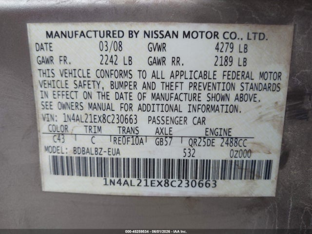 Продаж на аукціоні авто 2008 Nissan Altima 2.5 S, vin: 1N4AL21EX8C230663, номер лоту: 45259534