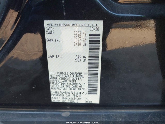 1N4BL4DV6MN314425 Nissan Altima Sv Fwd