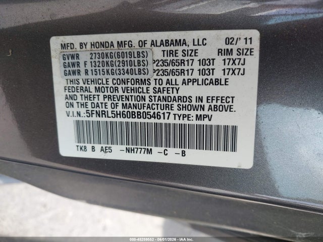 45259552 :رقم المزاد ، 5FNRL5H60BB054617 vin ، 2011 Honda Odyssey Ex-l مزاد بيع