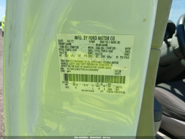 45259553 :رقم المزاد ، 1FMCU9C75CKC69260 vin ، 2012 Ford Escape Xls مزاد بيع