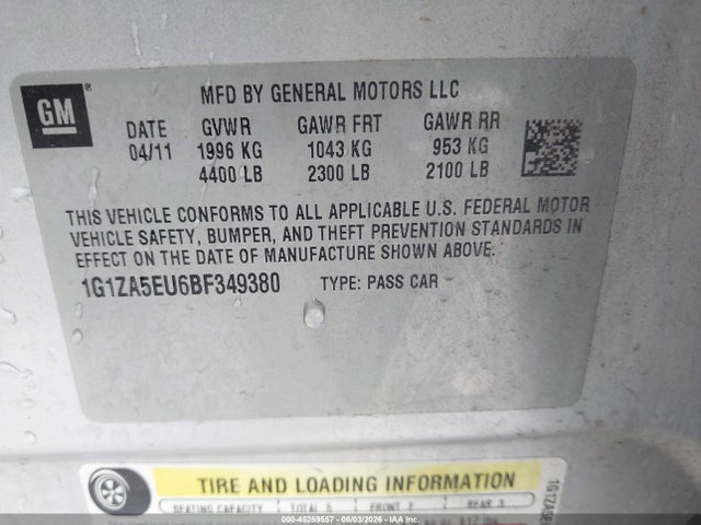 Продаж на аукціоні авто 2011 Chevrolet Malibu Ls, vin: 1G1ZA5EU6BF349380, номер лоту: 45259557