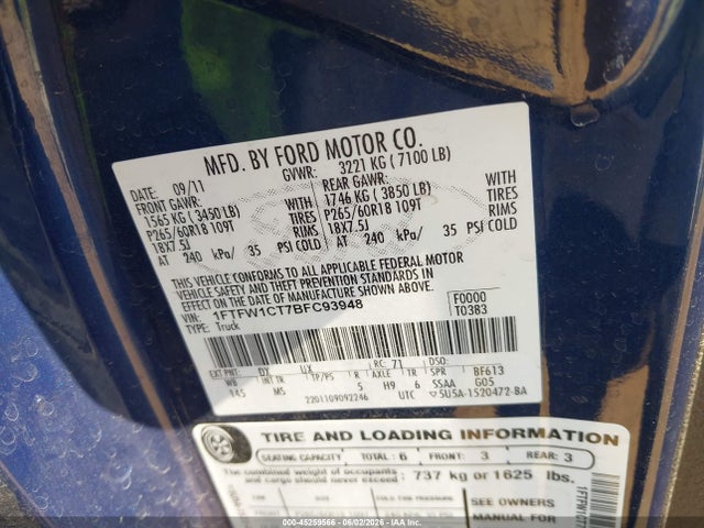 45259566 :رقم المزاد ، 1FTFW1CT7BFC93948 vin ، 2011 Ford F-150 Xlt مزاد بيع