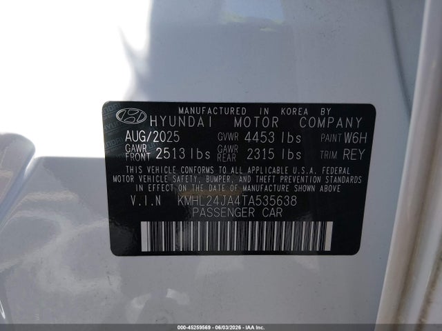 45259569 :رقم المزاد ، KMHL24JA4TA535638 vin ، 2026 Hyundai Sonata Se مزاد بيع