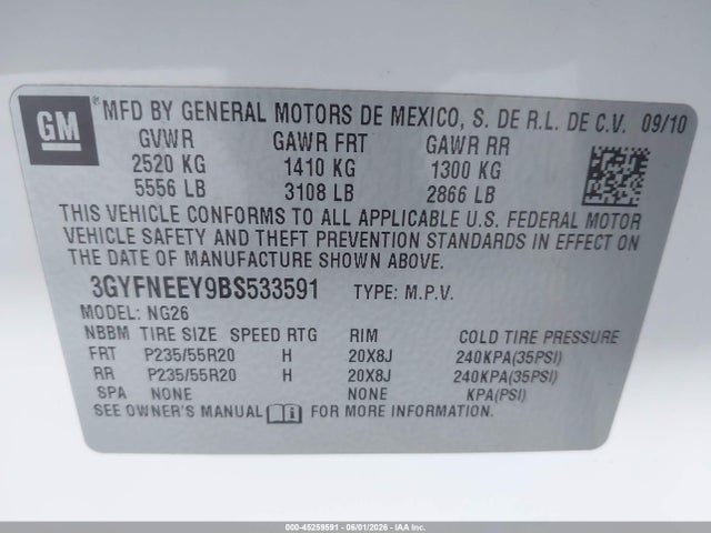 45259591 :رقم المزاد ، 3GYFNEEY9BS533591 vin ، 2011 Cadillac Srx Performance Collection مزاد بيع