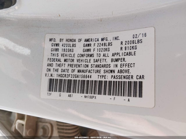Honda ACCORD LX 2016 1HGCR2F32GA156644 Image 9