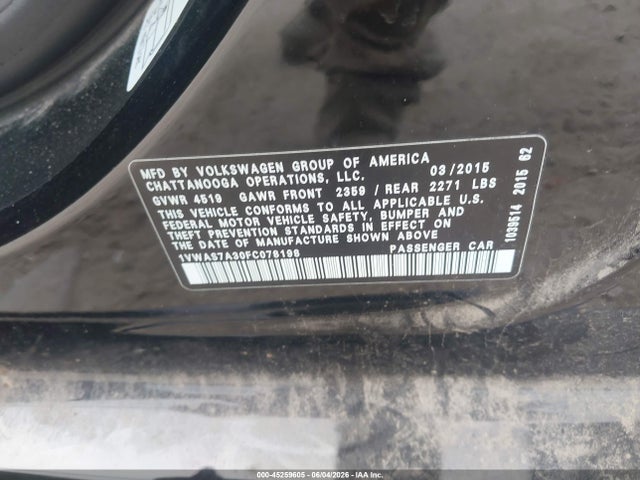 2015 Volkswagen Passat 1.8t Limited Edition მანქანა იყიდება აუქციონზე, vin: 1VWAS7A30FC078198, აუქციონის ნომერი: 45259605