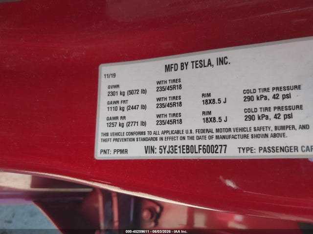 Aukcja sprzedaży 2020 Tesla Model 3 Long Range Dual Motor All-wheel Drive, vin: 5YJ3E1EB0LF600277, numer aukcji: 45259611