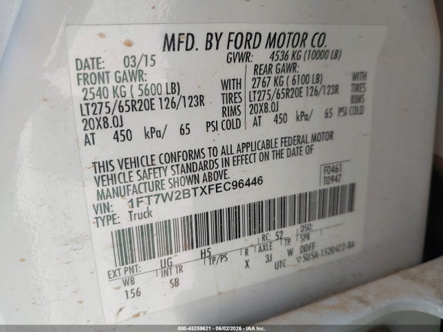 1FT7W2BTXFEC96446 Ford F-250 Lariat