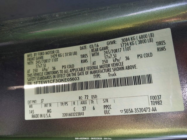 Продажа на аукционе авто 2016 Ford F-150 Xlt, vin: 1FTEW1CF3GKE05603, номер лота: 45259633