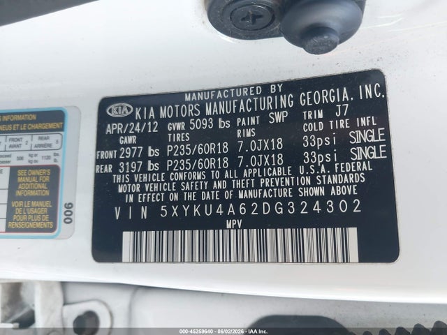 45259640 :رقم المزاد ، 5XYKU4A62DG324302 vin ، 2013 Kia Sorento Ex مزاد بيع