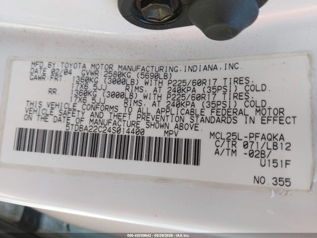 45259642 :رقم المزاد ، 5TDBA22C24S014400 vin ، 2004 Toyota Sienna Xle Limited مزاد بيع
