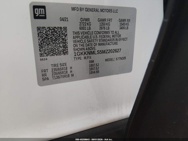 45259643 :رقم المزاد ، 1GKKNMLS5MZ202627 vin ، 2021 Gmc Acadia Fwd Slt مزاد بيع