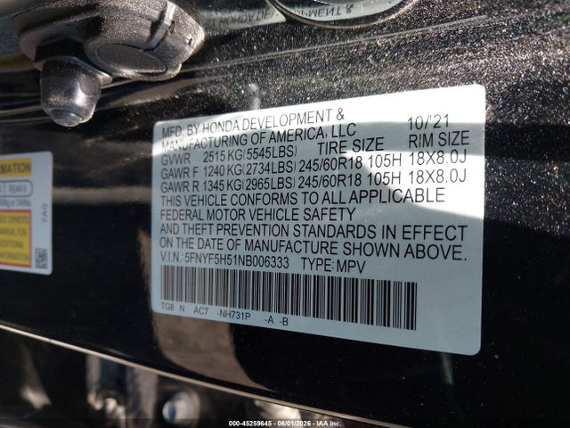 5FNYF5H51NB006333 Honda Pilot 2wd Ex-l