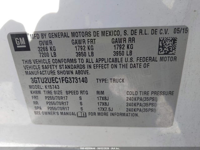 3GTU2UEC1FG373140 GMC Sierra 1500 Sle