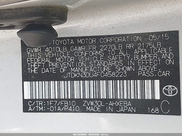 Aukcja sprzedaży 2015 Toyota Prius Two, vin: JTDKN3DU4F0458223, numer aukcji: 45259654