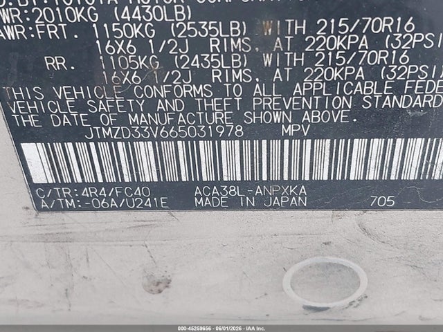 Aukcja sprzedaży 2006 Toyota Rav4, vin: JTMZD33V665031978, numer aukcji: 45259656