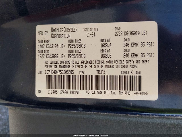Aukcja sprzedaży 2005 Dodge Dakota, vin: 1D7HE48N75S205585, numer aukcji: 45259663