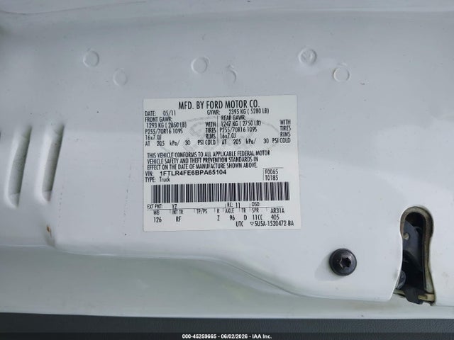 2011 Ford Ranger Sport მანქანა იყიდება აუქციონზე, vin: 1FTLR4FE6BPA65104, აუქციონის ნომერი: 45259665