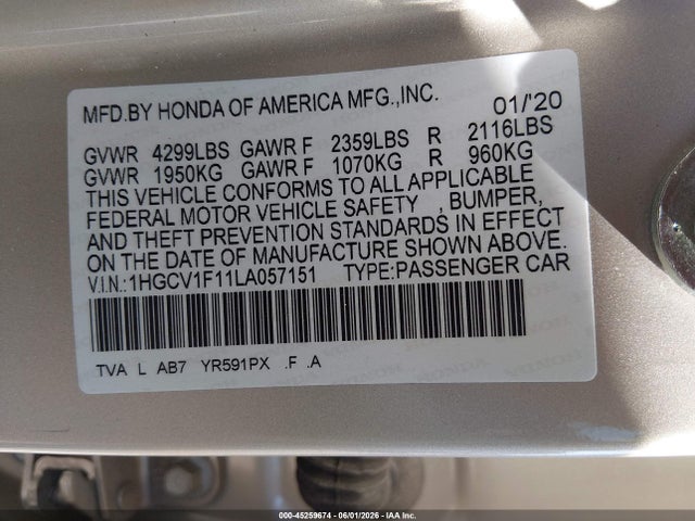 Honda ACCORD LX 2020 1HGCV1F11LA057151 Image 9