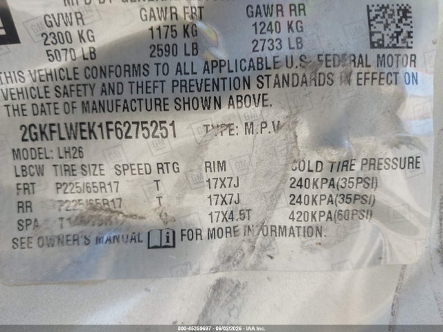 GMC Terrain Sle-2 2015 2GKFLWEK1F6275251 Image 9