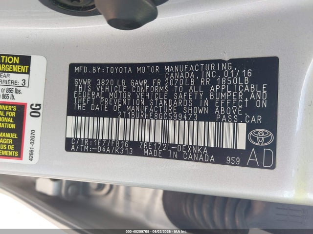 Aukcja sprzedaży 2016 Toyota Corolla Le, vin: 2T1BURHE8GC599473, numer aukcji: 45259705