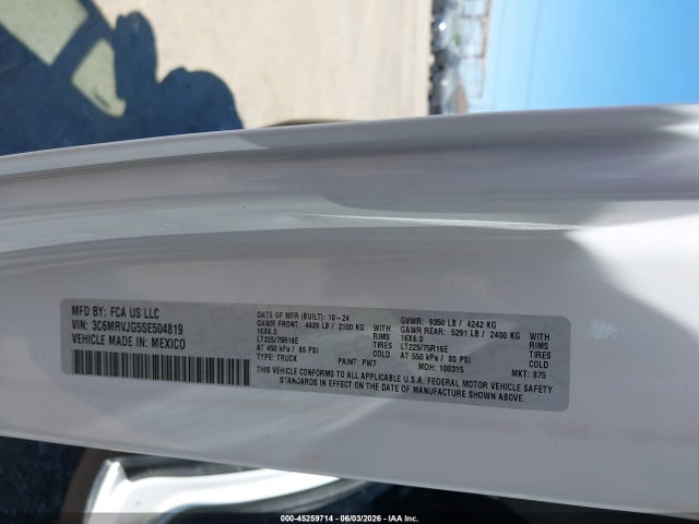 Продаж на аукціоні авто 2025 Ram Promaster 3500 Cargo Van Tradesman High Roof 159 Wb Ext, vin: 3C6MRVJG5SE504819, номер лоту: 45259714