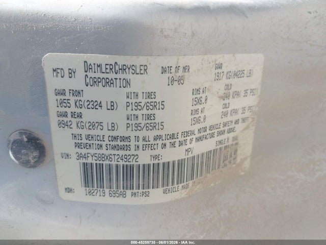2006 Chrysler Pt Cruiser Touring მანქანა იყიდება აუქციონზე, vin: 3A4FY58BX6T249272, აუქციონის ნომერი: 45259735