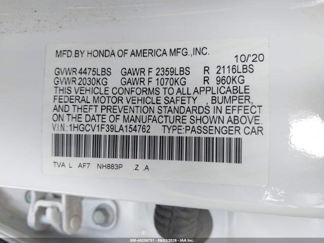 Aukcja sprzedaży 2020 Honda Accord Sport, vin: 1HGCV1F39LA154762, numer aukcji: 45259751