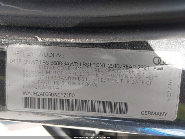 Продаж на аукціоні авто 2016 Audi S6 4.0t Premium Plus, vin: WAUH2AFC5GN017150, номер лоту: 45259765