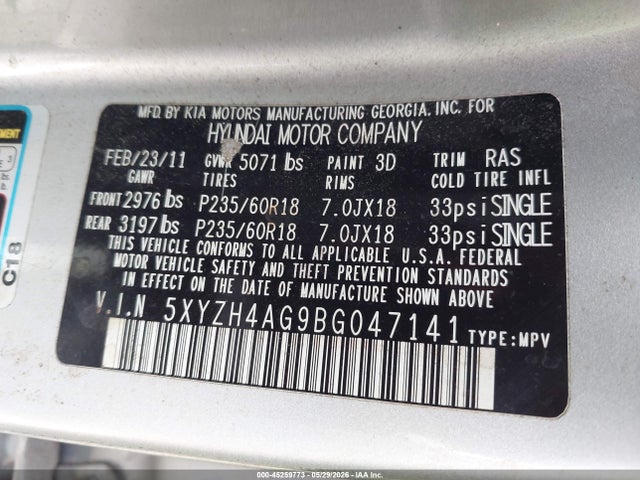 Продажа на аукционе авто 2011 Hyundai Santa Fe Se, vin: 5XYZH4AG9BG047141, номер лота: 45259773