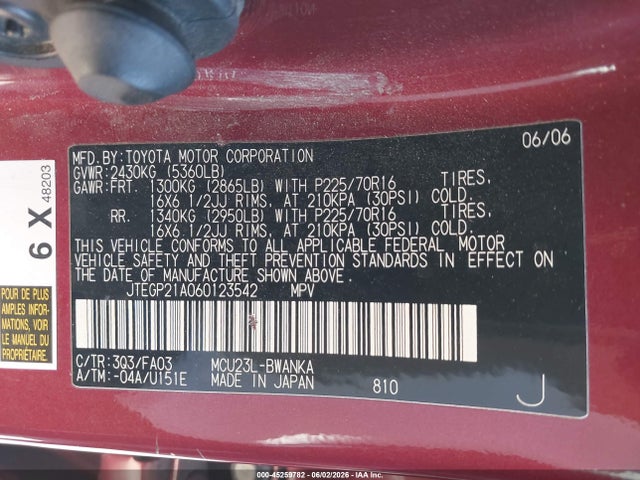 2006 Toyota Highlander V6 მანქანა იყიდება აუქციონზე, vin: JTEGP21A060123542, აუქციონის ნომერი: 45259782