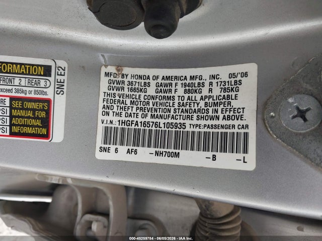 Продаж на аукціоні авто 2006 Honda Civic Lx, vin: 1HGFA16576L105935, номер лоту: 45259784