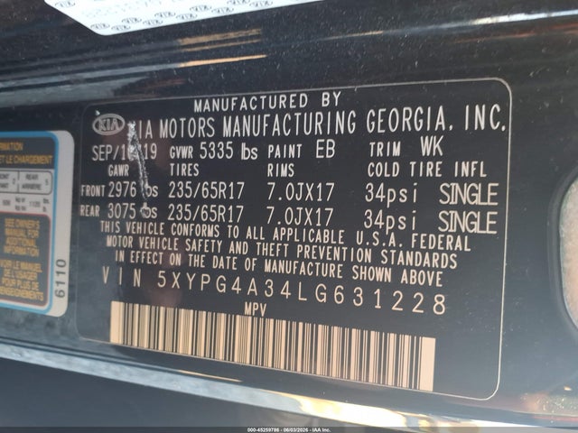 45259786 :رقم المزاد ، 5XYPG4A34LG631228 vin ، 2020 Kia Sorento 2.4l Lx مزاد بيع