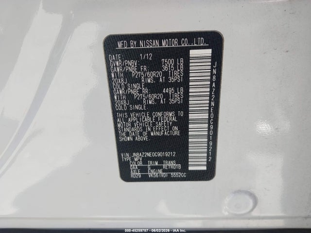 Продаж на аукціоні авто 2012 Infiniti Qx56, vin: JN8AZ2NE0C9019212, номер лоту: 45259787